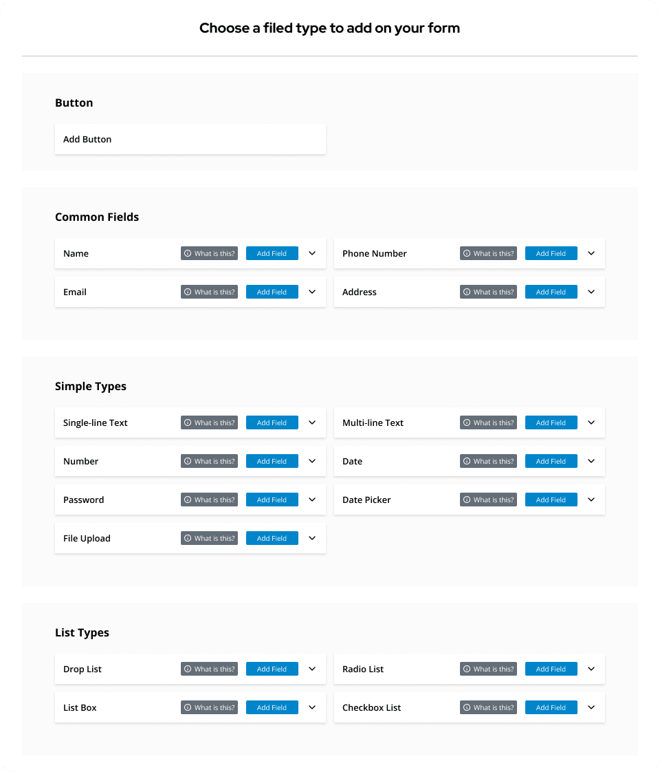 Choose a field type to add on your form